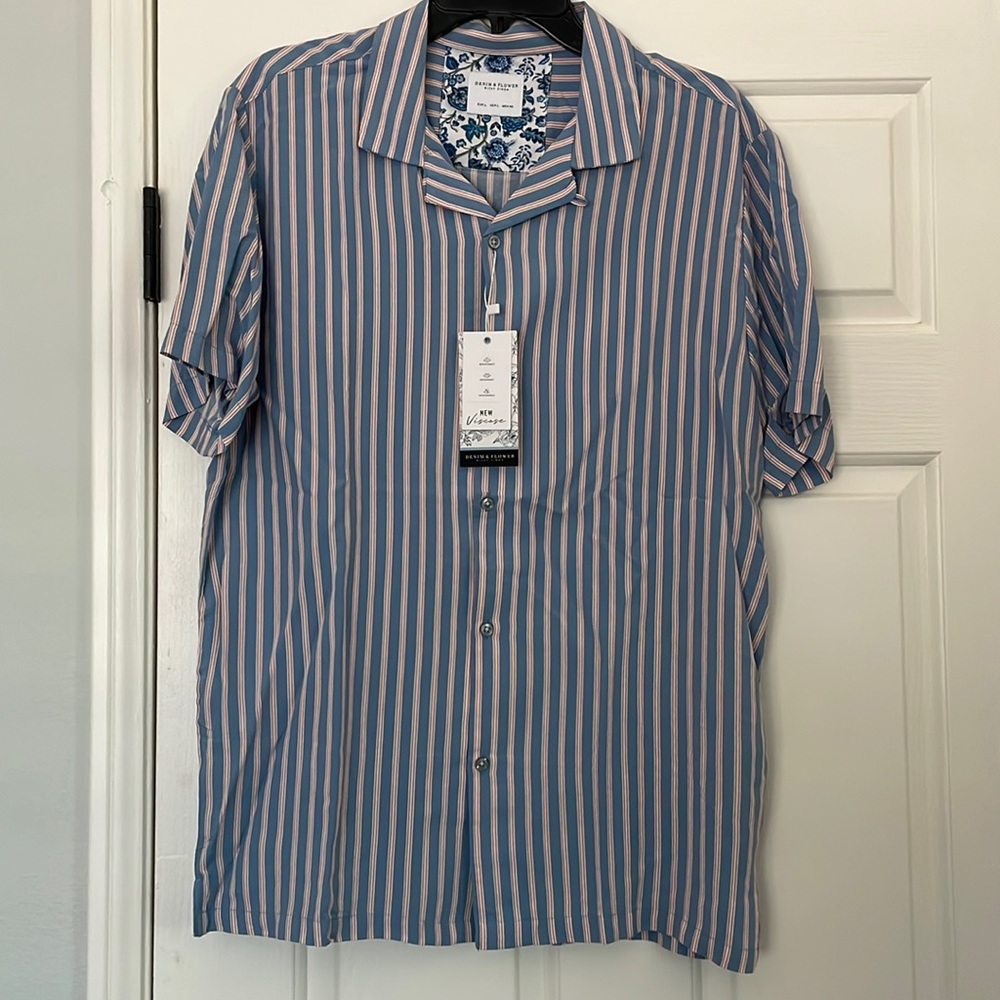 Denim & Flower Button Up Shirt, 100% Viscose, Size L
